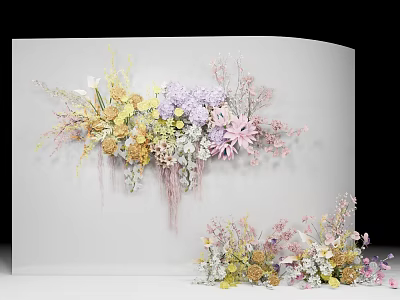 Elegant Floral Display With Wall Mounted And Floor Arrangements Featuring Pastel Yellow Purple Pink Flowers 3d model
