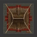 Cartoon scene of Chinese traditional multilayered red building with golden roof decorative stairs and ornaments