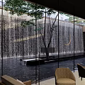 Modern Garden Landscape Design with Waterfall Wall Large Tree Seating Area and Glass Structure