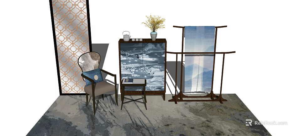 Traditional Chinese Accent Chair in Living Space with Side Table Vase and Landscape Screen 3d model 