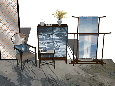 Traditional Chinese Accent Chair in Living Space with Side Table Vase and Landscape Screen 3d model