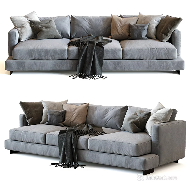 Gray Sectional Sofa With Multiple Colored Pillows And Dark Throw Blanket 3d model