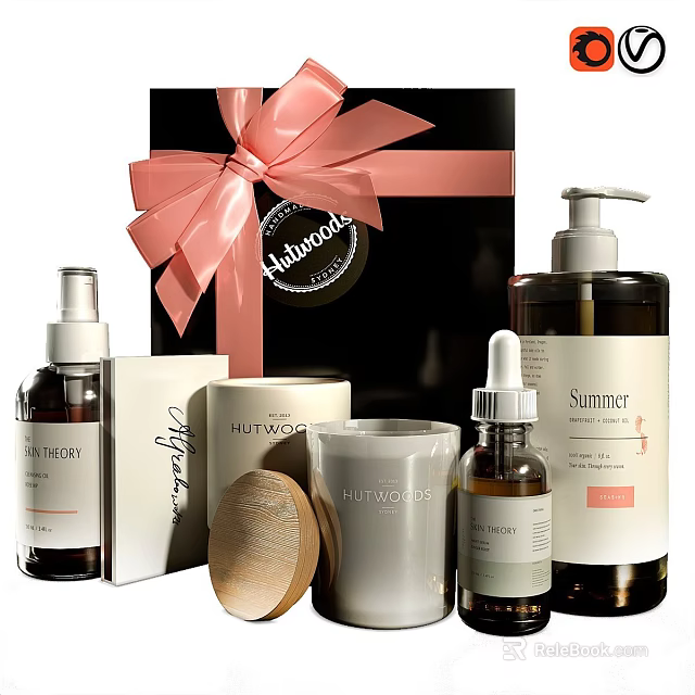 Summer Daily Washing Essentials Gift Set With Pink Ribbon Assorted Cleansers Candle And Wooden Accessory 3d model 