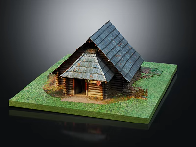 Rustic Log Cabin With Gabled Tiled Roof And Lush Green Grass Surroundings 3d model