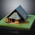 Rustic Log Cabin With Gabled Tiled Roof And Lush Green Grass Surroundings
