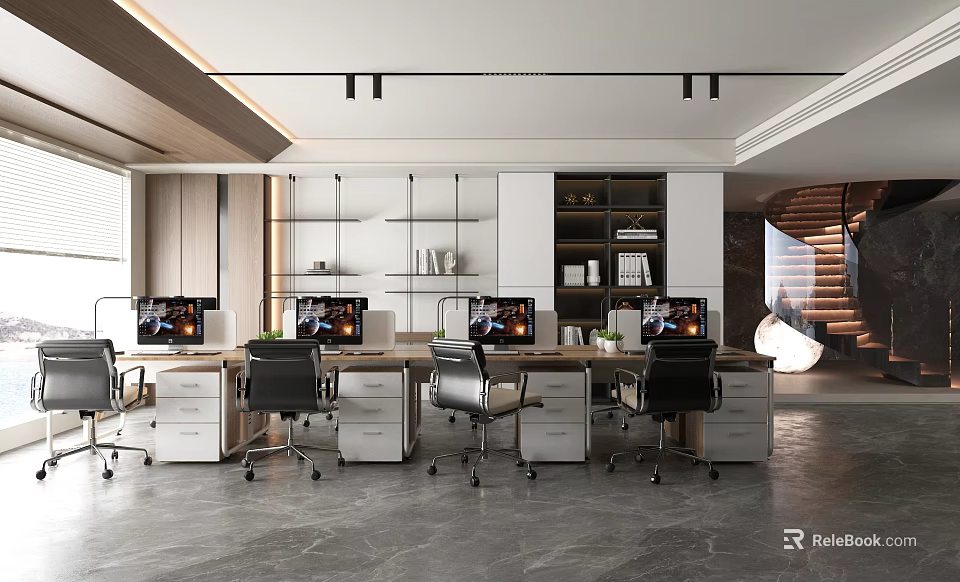 Modern Office Interior Open Workspace With Multiple Computers Desks Black Chairs And White Cabinets 3d model
