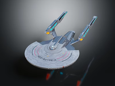 Starship Enterprise A With Disc Shaped Hull Red Stripes And Blue Glowing Warp Engines 3d model