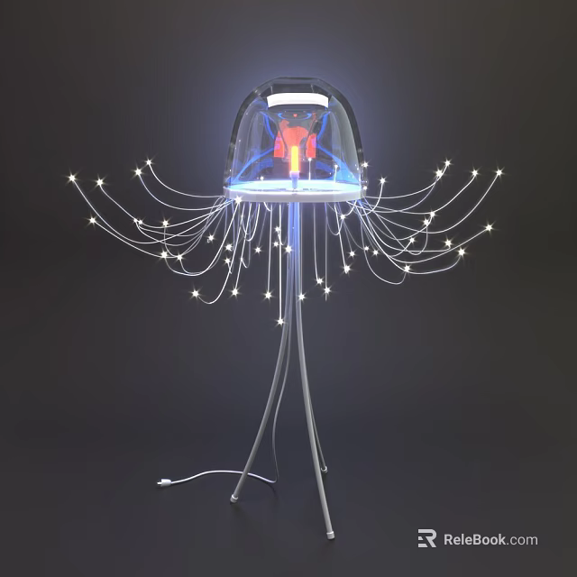 Jellyfish Shaped Modern Floor Lamp With Transparent Dome Slender Tentacles Small Lights And Metal Stand 3d model 