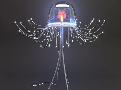 Jellyfish Shaped Modern Floor Lamp With Transparent Dome Slender Tentacles Small Lights And Metal Stand 3d model