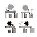 Modern Dressing Table with Round Mirror Side Cabinets Stool and Decorative Vase Plants 3d model