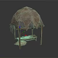 Traditional Shelter Structure With Wooden Frame Animal Skin Cover And Bench On Ground With Hay