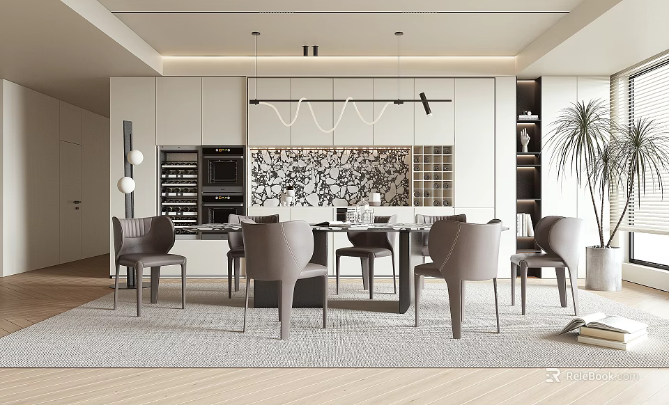 Elegant Modern Restaurant Interior With Dining Table Grey Chairs Pendant Lights And Decorative Wall 3d model 