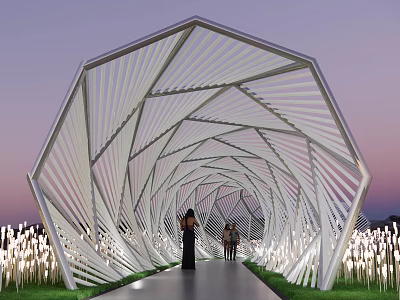 Modern White Geometric Pergola Structure With Lawn Decorative Lights And People Walking 3d model