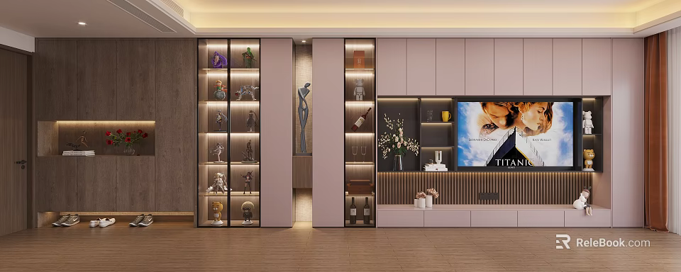 Modern TV Wall Unit With Glass Display Cabinets Wine Racks And Decorative Lighting 3d model 