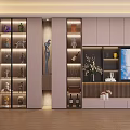 Modern TV Wall Unit With Glass Display Cabinets Wine Racks And Decorative Lighting