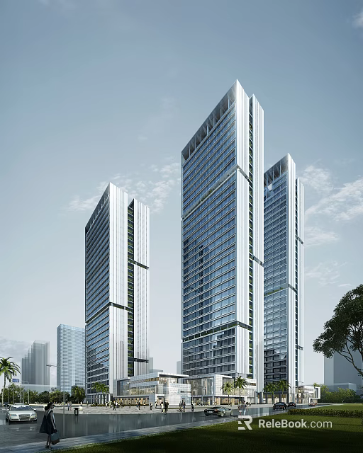 Modern High Rise Hotel Building With Glass Curtain Wall And Three Towers 3d model 