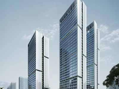 Modern High Rise Hotel Building With Glass Curtain Wall And Three Towers 3d model