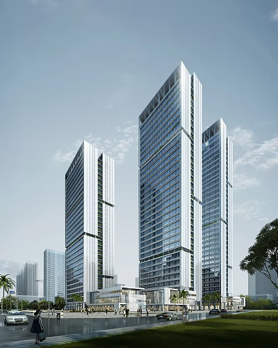 Modern High Rise Hotel Building With Glass Curtain Wall And Three Towers 3d model