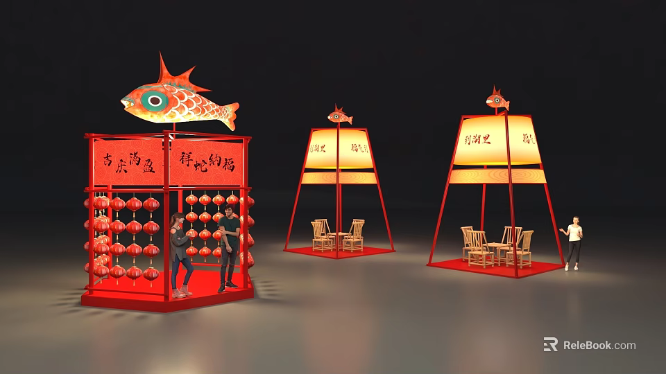 Interactive Zone Featuring Red Fish Shaped Decorations Lantern Style Stalls And Tables 3d model