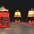 Interactive Zone Featuring Red Fish Shaped Decorations Lantern Style Stalls And Tables 3d model