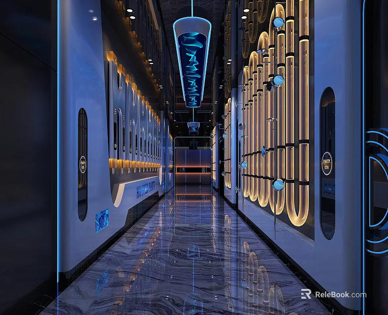 Modern KTV Interior Design With Stylish Corridor Lighting And Reflective Flooring 3d model 