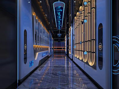 Modern KTV Interior Design With Stylish Corridor Lighting And Reflective Flooring 3d model