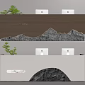 Modern Reception Desk Interior With Wooden Panel Stone Mountain Texture And Plant Decoration