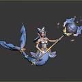 Mermaid Woman With Blue Tail Holding Magical Staff And Floating Stars Bubbles