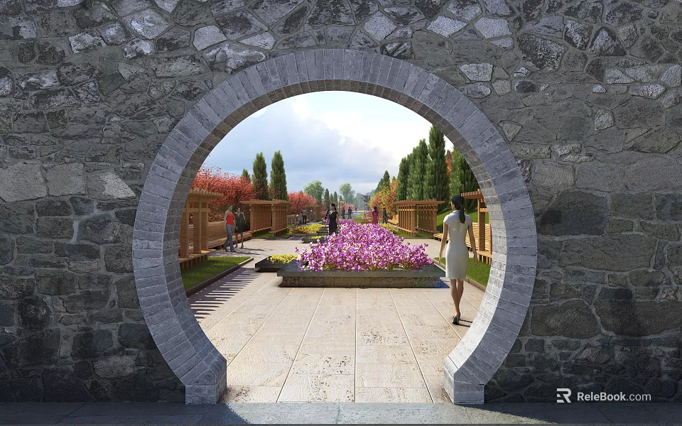 Stone Archway Framing Garden View With Stone Path Purple Flower Bed Trees And Wooden Fences 3d model 
