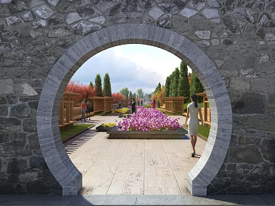 Stone Archway Framing Garden View With Stone Path Purple Flower Bed Trees And Wooden Fences 3d model