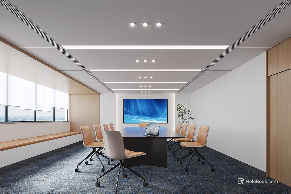 Modern Conference Room Interior Design With Long Table Comfortable Chairs Large Screen Windows And Lighting 3d model