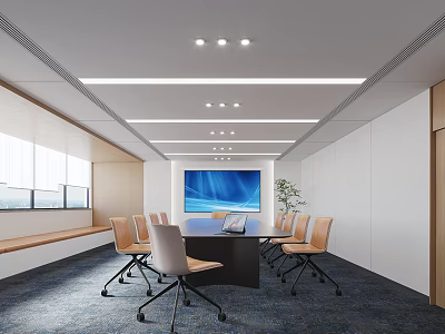 Modern Conference Room Interior Design With Long Table Comfortable Chairs Large Screen Windows And Lighting 3d model