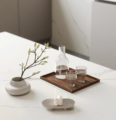 Minimalist Tea Set with Glass Cups and Glass Bottle on Wooden Tray and White Countertop 3d model
