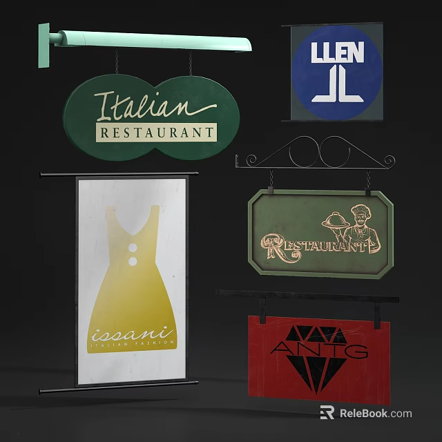 Various Restaurant And Clothing Billboards With Different Designs And Logos 3d model 