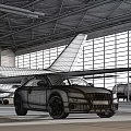 White Audi Car Parked In Modern Airport Hangar With Airplane Background