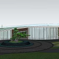 Modern Circular Architectural Design With Green Lawn Water Pool Steps And Trees