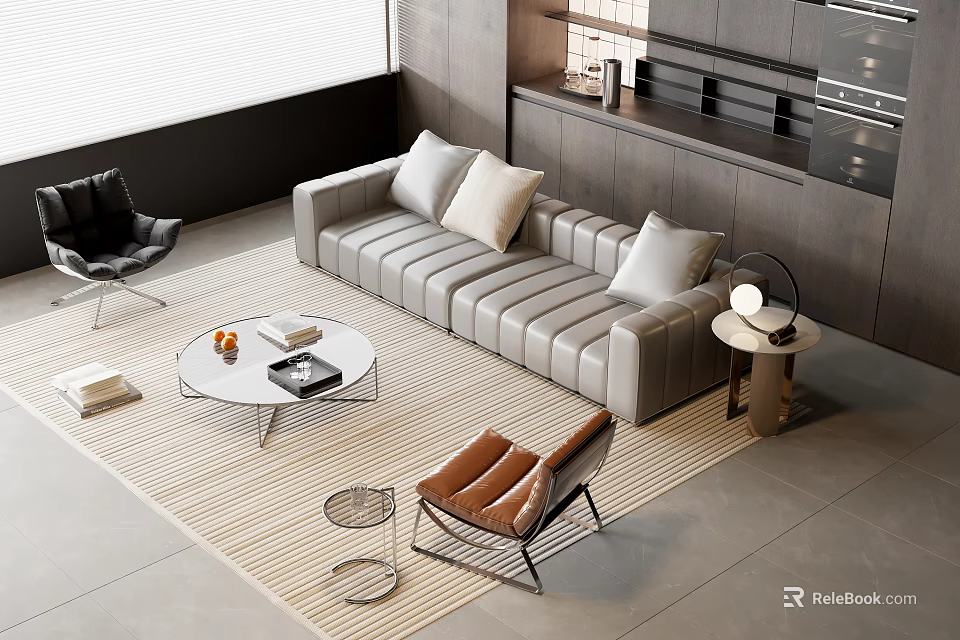 Modern Tufted Leather Sofa and Coffee Table Set With Metal Frame Cushions Accent Chairs and Rug 3d model 