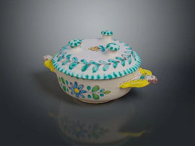 Ceramic Sculpture Carving Lidded Vessel With Floral Patterns And Colorful Decorative Handles 3d model