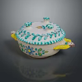 Ceramic Sculpture Carving Lidded Vessel With Floral Patterns And Colorful Decorative Handles