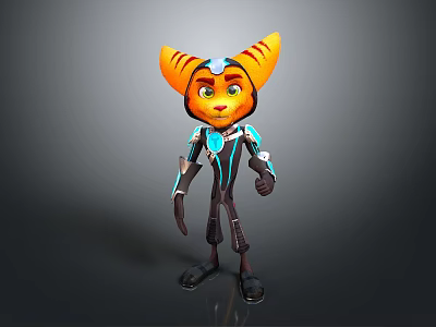 3D Model Feline Creature Character With Orange Ears Blue Accents And Green Eyes 3d model