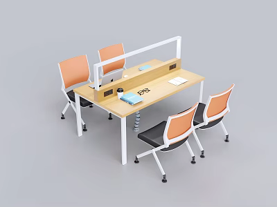 Modern Office Desk With Four Orange Chairs Partition And Office Supplies 3d model