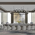 Elegant Modern Private Dining Room Interior With Large Round Table Chandelier And Artwork