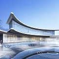 Modern Sales Office Building Architectural Design With Curved Glass Facade And Water Reflection