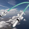Modern Aerial Missiles with White Blue Black Striped Body Flying in Sky with Tail Flames