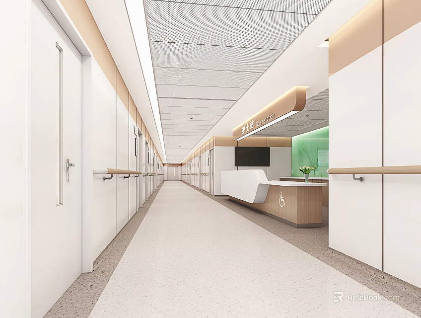 Hospital Outpatient Clinic Interior Corridor With White Doors Handrails And Reception Desk 3d model 