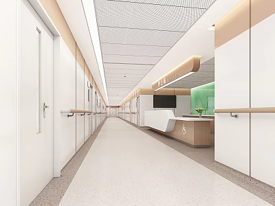 Hospital Outpatient Clinic Interior Corridor With White Doors Handrails And Reception Desk 3d model