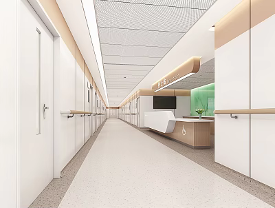 Hospital Outpatient Clinic Interior Corridor With White Doors Handrails And Reception Desk 3d model