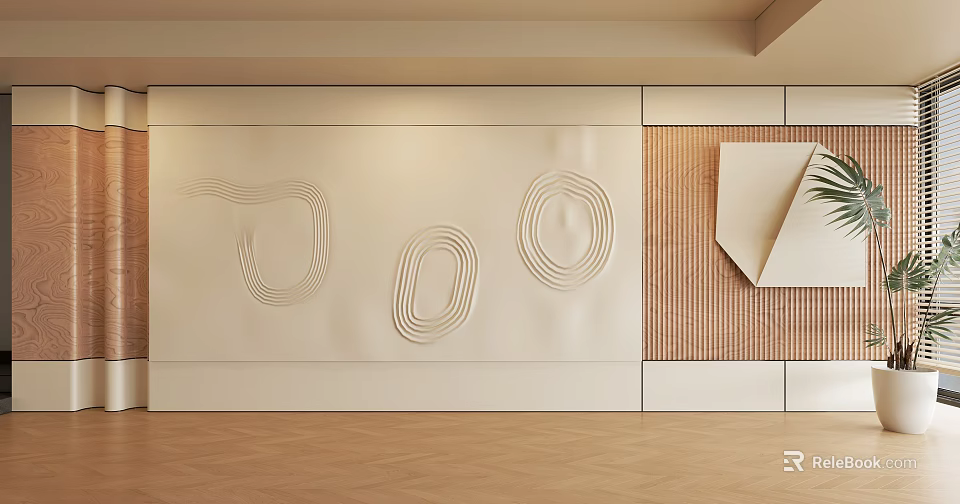 Modern Accent Wall Design With Smooth Curved Patterns And Wooden Texture Panels 3d model