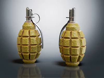 Two Yellow Cube Patterned Grenades With Metal Fuses And Pull Rings 3d model