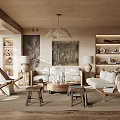 Beige Living Room With Wooden Furniture Woven Pendant Light Decorative Painting And Open Bookshelf